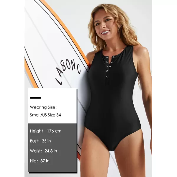 imageBALEAF Womens Button Up One Piece Swimsuit Tummy Control Bathing Suits Built in BraBlack