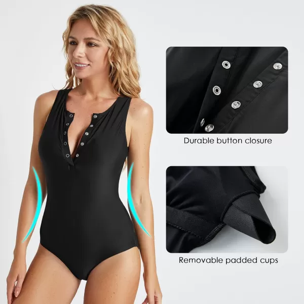 imageBALEAF Womens Button Up One Piece Swimsuit Tummy Control Bathing Suits Built in BraBlack