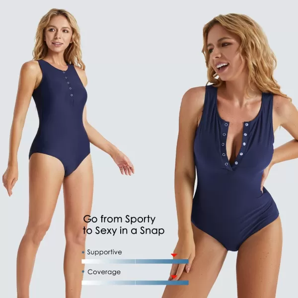 imageBALEAF Womens Button Up One Piece Swimsuit Tummy Control Bathing Suits Built in BraDark Blue