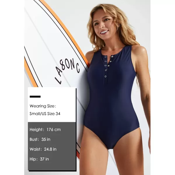 imageBALEAF Womens Button Up One Piece Swimsuit Tummy Control Bathing Suits Built in BraDark Blue