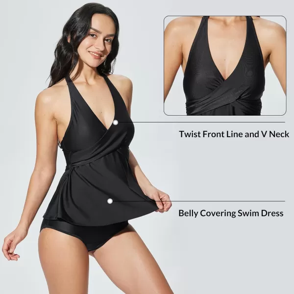 imageBALEAF Womens One Piece Swimsuits 2024 V Neck Halter Tummy Control Flattering Push Up Bathing Suits Full Coverage SwimwearBlack