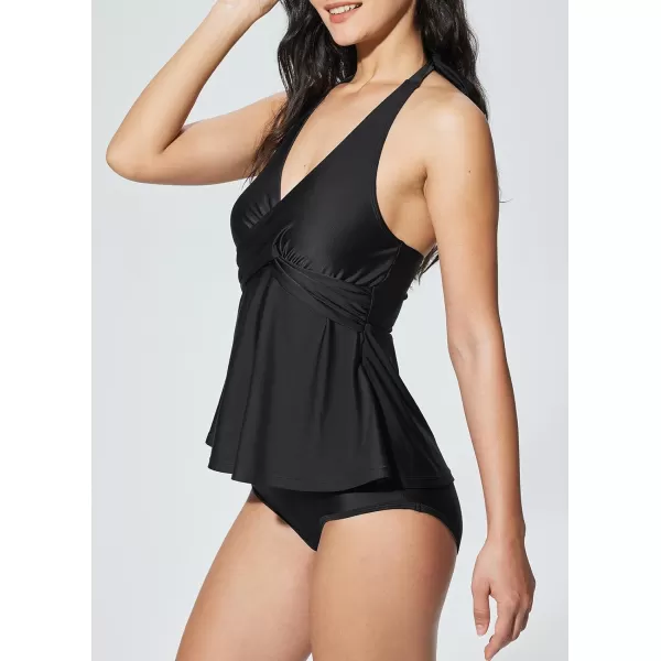 imageBALEAF Womens One Piece Swimsuits 2024 V Neck Halter Tummy Control Flattering Push Up Bathing Suits Full Coverage SwimwearBlack