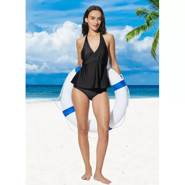 imageBALEAF Womens One Piece Swimsuits 2024 V Neck Halter Tummy Control Flattering Push Up Bathing Suits Full Coverage SwimwearBlack