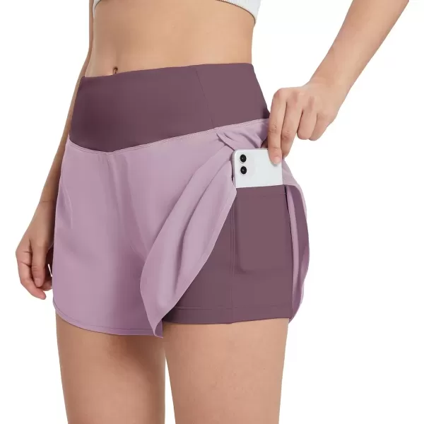 imageBALEAF Womens 2 in 1 Running Athletic Shorts with Liner Lightweight QuickDry Workout Active Yoga Shorts with PocketsPurple
