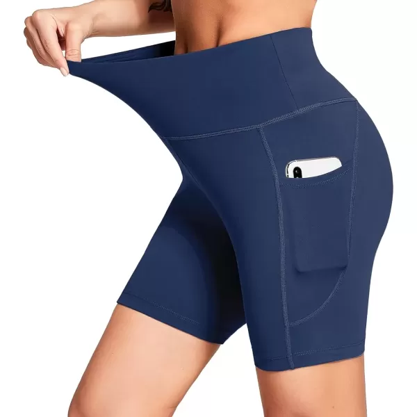 imageBALEAF Womens 6quot8quot High Waisted Biker Shorts with Pockets for Gym Workout Yoga Running AthleticDark Blue
