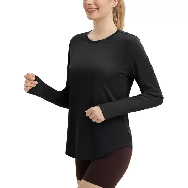 imageBALEAF Womens Long Sleeve Workout Shirts Running Hiking Gym Tops for Women Lightweight UPF50 Quick Dry ThumbholesBlack