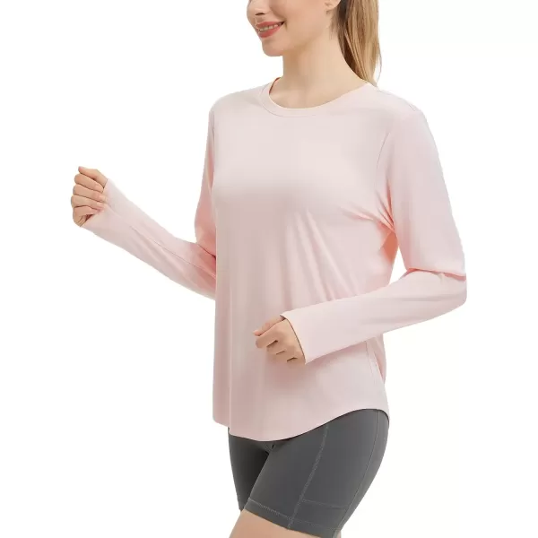 imageBALEAF Womens Long Sleeve Workout Shirts Running Hiking Gym Tops for Women Lightweight UPF50 Quick Dry ThumbholesLight Pink