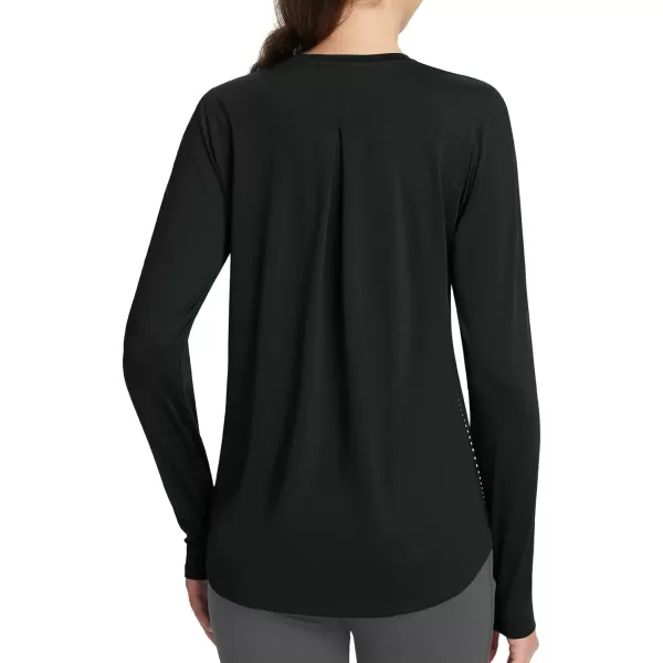 imageBALEAF Womens Long Sleeve Workout Tops Running Athletic Hiking Shirts Tees Quick Dry Loose Fit Pleated Back UPF 50Black