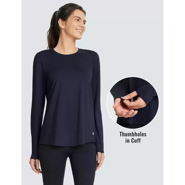 imageBALEAF Womens Long Sleeve Workout Tops Running Athletic Hiking Shirts Tees Quick Dry Loose Fit Pleated Back UPF 50Navy