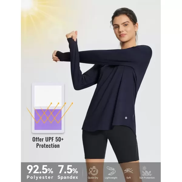 imageBALEAF Womens Long Sleeve Workout Tops Running Athletic Hiking Shirts Tees Quick Dry Loose Fit Pleated Back UPF 50Navy