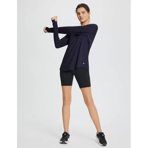 imageBALEAF Womens Long Sleeve Workout Tops Running Athletic Hiking Shirts Tees Quick Dry Loose Fit Pleated Back UPF 50Navy