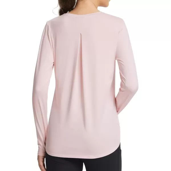 imageBALEAF Womens Long Sleeve Workout Tops Running Athletic Hiking Shirts Tees Quick Dry Loose Fit Pleated Back UPF 50Pink