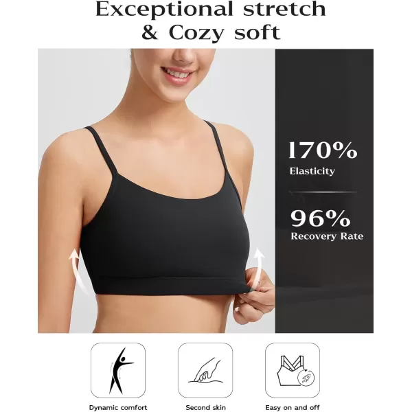 imageBALEAF Womens Sports Bra Adjustable Spaghetti Thin Strap  Scoop Neck Wireless Padded Bra Yoga WorkoutBlack