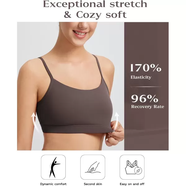 imageBALEAF Womens Sports Bra Adjustable Spaghetti Thin Strap  Scoop Neck Wireless Padded Bra Yoga WorkoutDark Brown