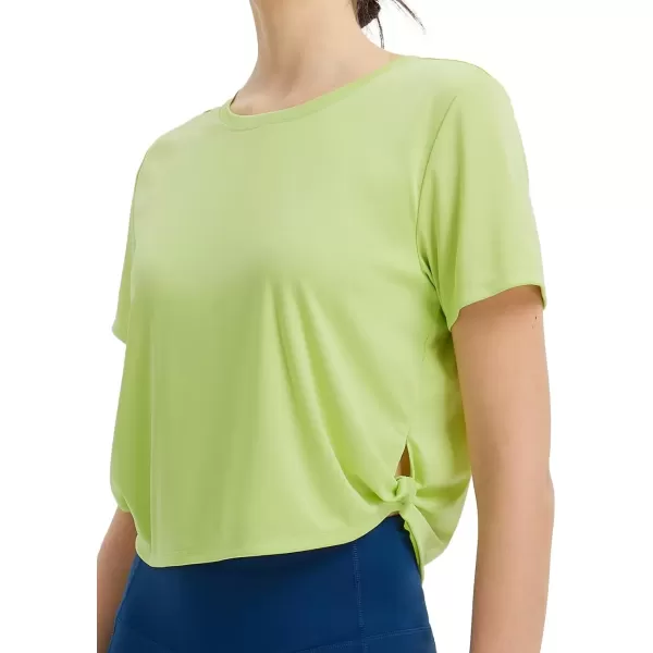 imageBALEAF Womens Workout Tops Short Sleeve Running Athletic Shirts Cropped Side Knotted Quick Dry TShirts UPF 50Lime Green