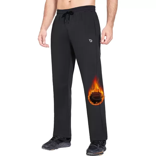 imageBALEAF Mens Fleece Lined Water Resistant Pants Winter Thermal Sweatpants with Zipper Pockets Warm Open BottomBlack