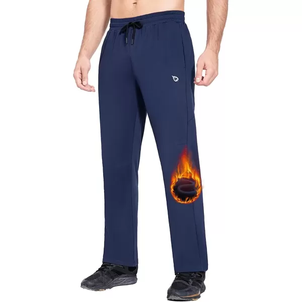 imageBALEAF Mens Fleece Lined Water Resistant Pants Winter Thermal Sweatpants with Zipper Pockets Warm Open BottomBlue