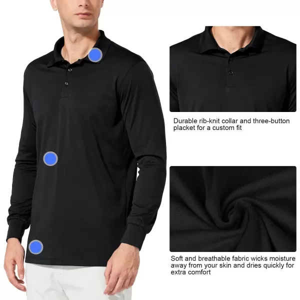 imageBALEAF Mens Long Sleeve Golf Polo Shirt UPF 50 Quick Dry 3 Button Casual Work Outdoor Lightweight Performance Shirts03black