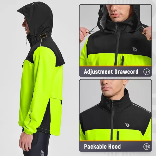 imageBALEAF Mens Rain Jacket Waterproof Windbreaker Packable Hood Running Cycling GearGreen Black