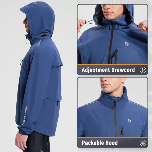 imageBALEAF Mens Rain Jacket Waterproof Windbreaker Packable Hood Running Cycling GearNavy Blue