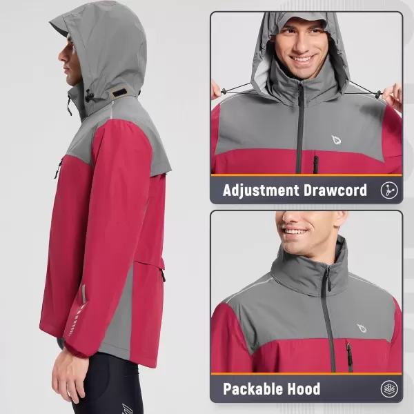 imageBALEAF Mens Rain Jacket Waterproof Windbreaker Packable Hood Running Cycling GearRed Grey