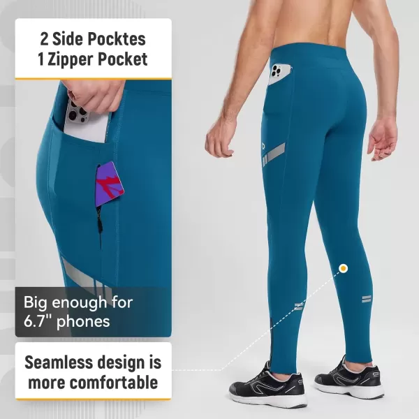 imageBALEAF Mens Winter Running Tights Thermal Cycling Pants Water Resistant Pockets Zipper Legs Cold WeatherBdeep Blue
