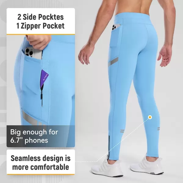 imageBALEAF Mens Winter Running Tights Thermal Cycling Pants Water Resistant Pockets Zipper Legs Cold WeatherBlight Blue