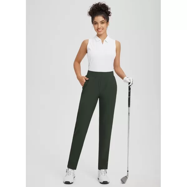 imageBALEAF Womens Pants with Zipper Pockets Stretch Golf Pants High Waist Travel Athletic Work Casual UPF50Greenno Rib Knit