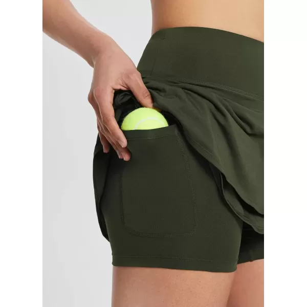 imageBALEAF Womens 14quot Tennis Skirts Golf Skorts with Pockts Pleated Mini Skirt Athletic Workout Liner Shorts Layered RuffleArmy Green