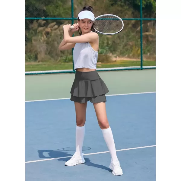 imageBALEAF Womens 14quot Tennis Skirts Golf Skorts with Pockts Pleated Mini Skirt Athletic Workout Liner Shorts Layered RuffleDark Grey