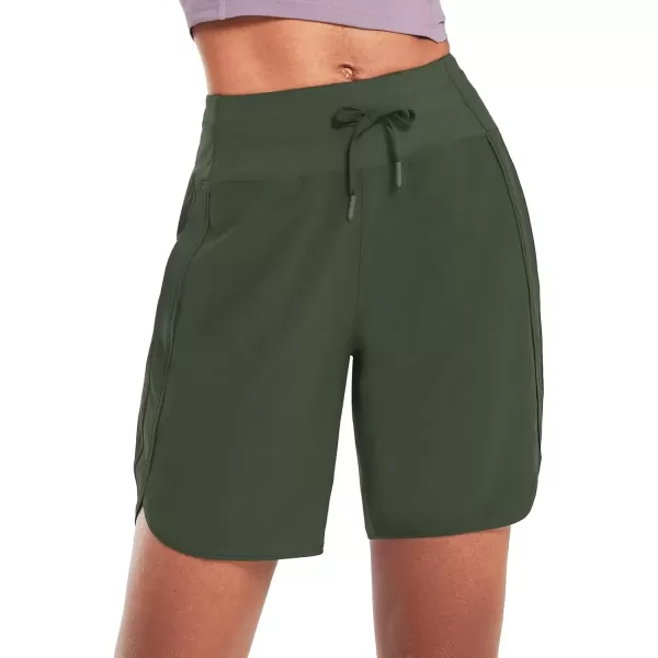 imageBALEAF Womens 7quot Athletic Long Running Shorts Workout Gym Quick Dry Hiking Shorts High Waisted Zipper PocketDark Green