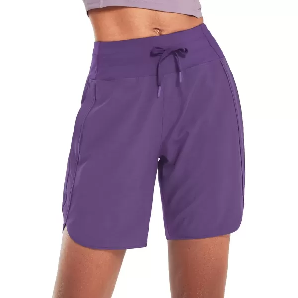 imageBALEAF Womens 7quot Athletic Long Running Shorts Workout Gym Quick Dry Hiking Shorts High Waisted Zipper PocketPurple