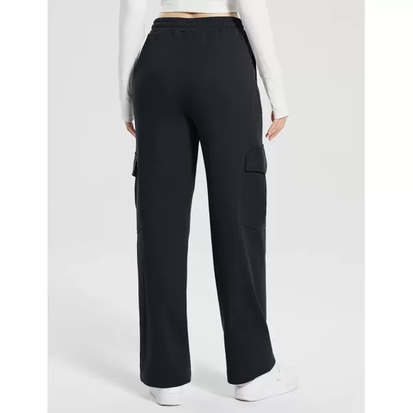 imageBALEAF Womens Fleece Lined Cargo Sweatpants Wide Leg Sweat Pants with Pockets Mid Rise Dance AthleticBlack