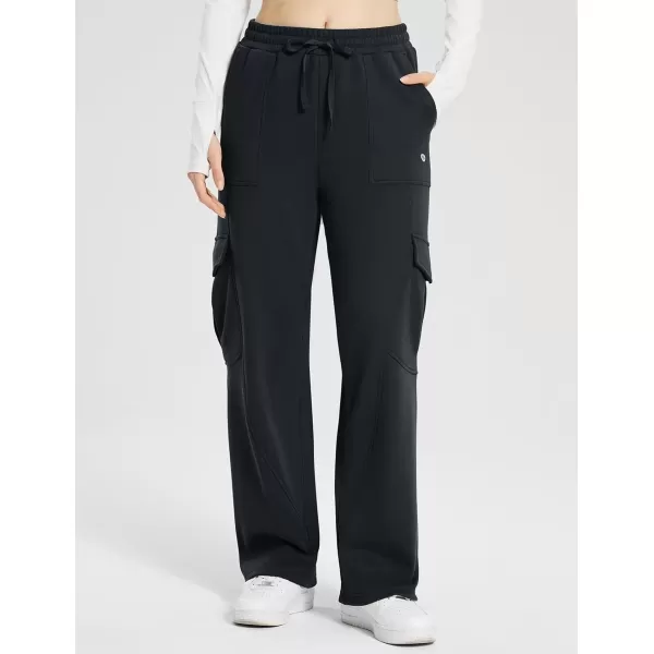 imageBALEAF Womens Fleece Lined Cargo Sweatpants Wide Leg Sweat Pants with Pockets Mid Rise Dance AthleticBlack