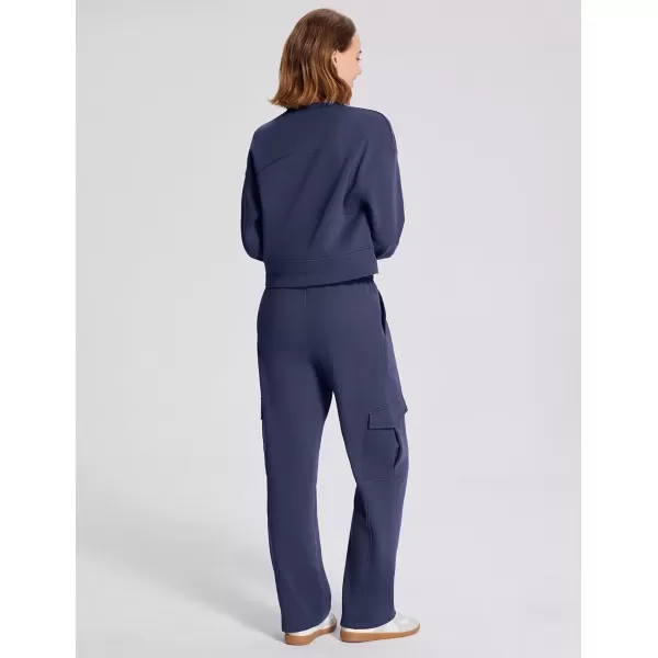 imageBALEAF Womens Fleece Lined Cargo Sweatpants Wide Leg Sweat Pants with Pockets Mid Rise Dance AthleticNavy