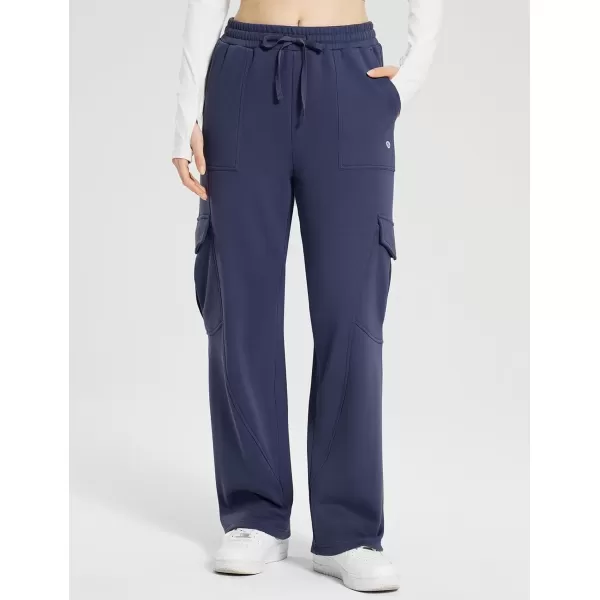 imageBALEAF Womens Fleece Lined Cargo Sweatpants Wide Leg Sweat Pants with Pockets Mid Rise Dance AthleticNavy