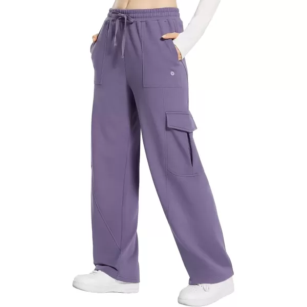 imageBALEAF Womens Fleece Lined Cargo Sweatpants Wide Leg Sweat Pants with Pockets Mid Rise Dance AthleticPurple