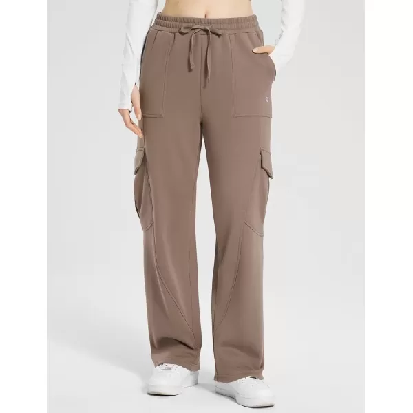 imageBALEAF Womens Fleece Lined Cargo Sweatpants Wide Leg Sweat Pants with Pockets Mid Rise Dance AthleticTan