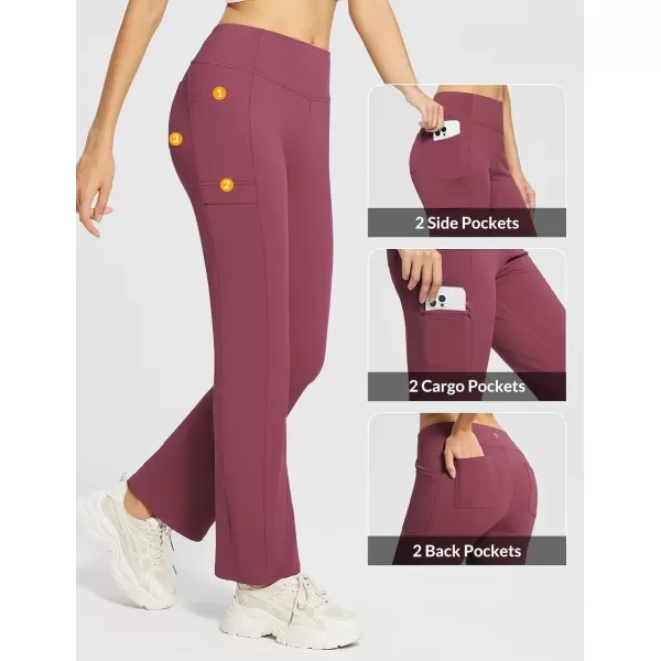 imageBALEAF Womens Fleece Lined Pants Yoga Pants Warm Thermal Winter High Waisted Straight Leg Leggings with 6 PocketsWine Red
