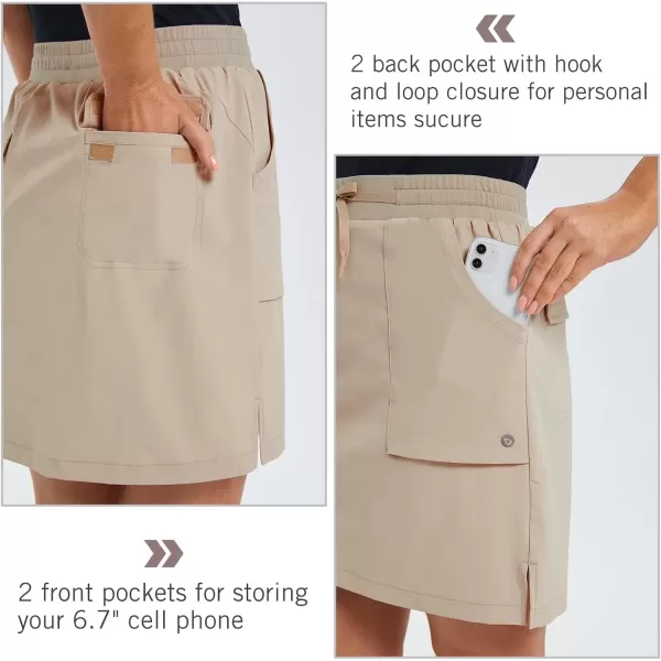 imageBALEAF Womens Golf Skort 18quot Knee Length Skirt with Biker Shorts Pockets Stretch Elastic Waist for Tennis HikingKhaki