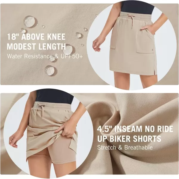 imageBALEAF Womens Golf Skort 18quot Knee Length Skirt with Biker Shorts Pockets Stretch Elastic Waist for Tennis HikingKhaki