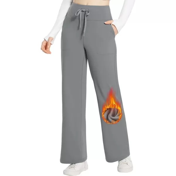 imageBALEAF Womens Winter Pants Fleece Lined Wide Leg Sweatpants with Pockets Warm Yoga Lounge Pants DrawstringGrey