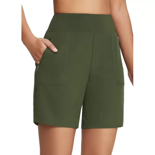 imageBALEAF 7 Long Athletic Shorts for Women Running High Waisted Quick Dry Workout Bermuda Soft Zipper Pockets UPF 50Army Green