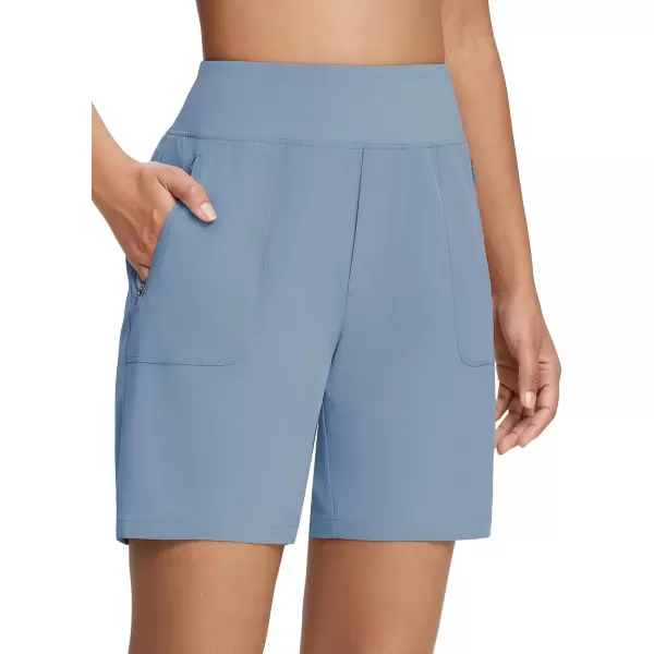 imageBALEAF 7 Long Athletic Shorts for Women Running High Waisted Quick Dry Workout Bermuda Soft Zipper Pockets UPF 50Blue