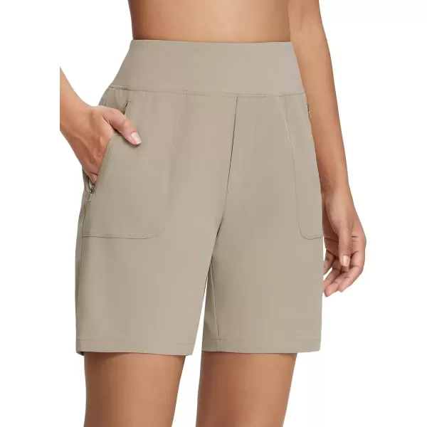 imageBALEAF 7 Long Athletic Shorts for Women Running High Waisted Quick Dry Workout Bermuda Soft Zipper Pockets UPF 50Khaki