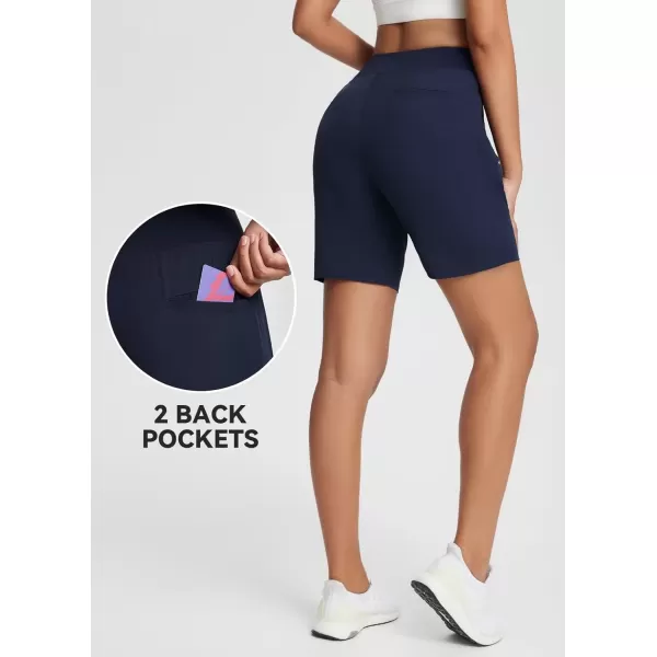 imageBALEAF 7 Long Athletic Shorts for Women Running High Waisted Quick Dry Workout Bermuda Soft Zipper Pockets UPF 50Navy