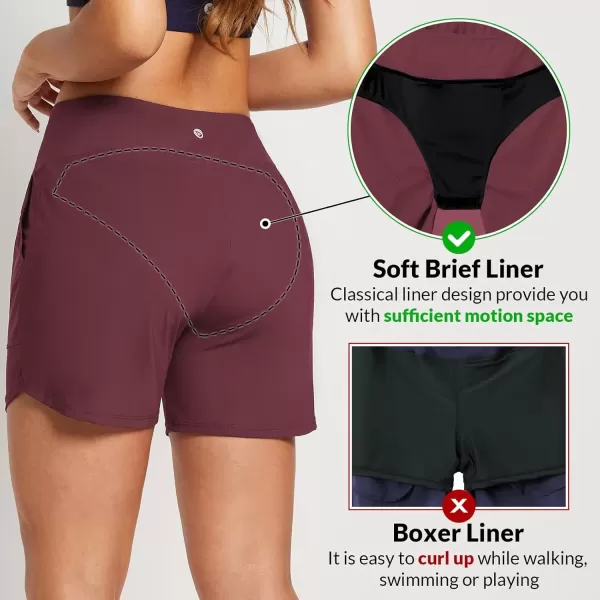 imageBALEAF Womens 3quot5quot High Waisted Swim Board Shorts Quick Dry Swimsuits Bottoms Trunks with PocketsWine