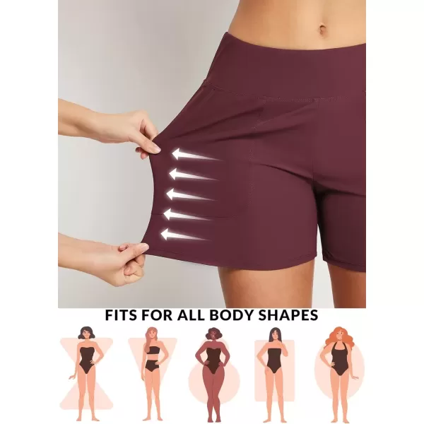 imageBALEAF Womens 3quot5quot High Waisted Swim Board Shorts Quick Dry Swimsuits Bottoms Trunks with PocketsWine