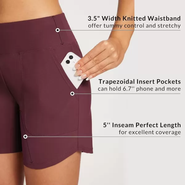 imageBALEAF Womens 3quot5quot High Waisted Swim Board Shorts Quick Dry Swimsuits Bottoms Trunks with PocketsWine