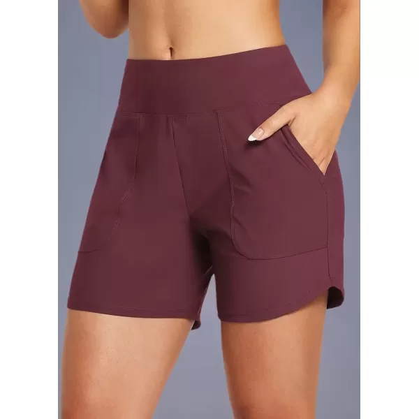 imageBALEAF Womens 3quot5quot High Waisted Swim Board Shorts Quick Dry Swimsuits Bottoms Trunks with PocketsWine